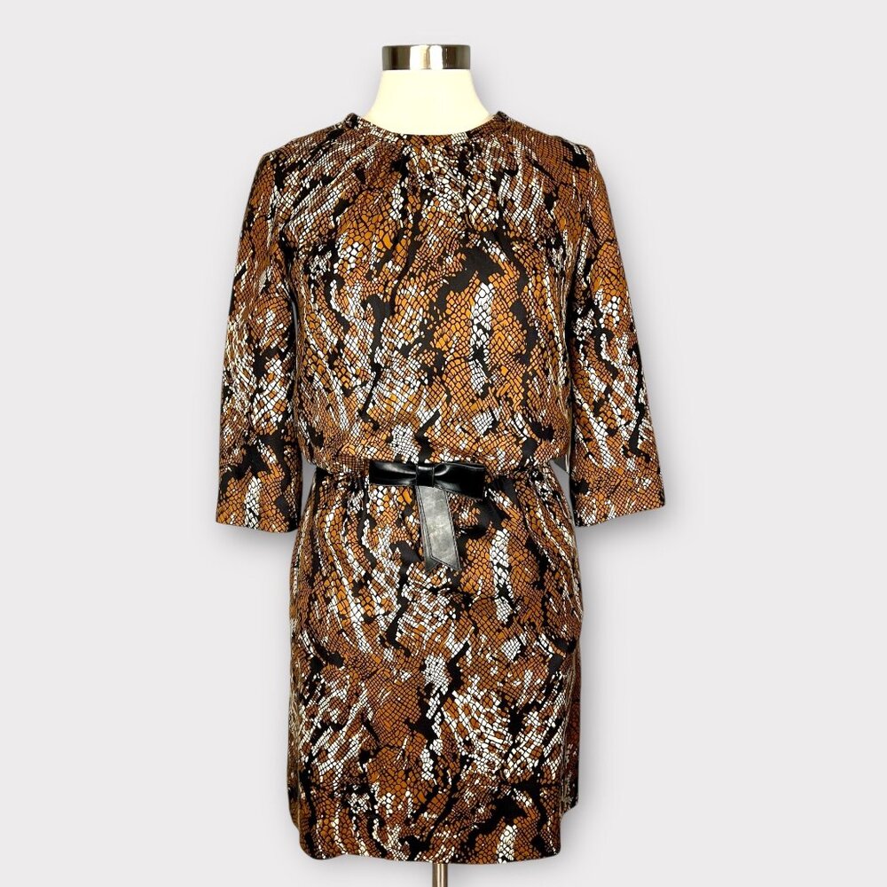 Etcetera Womens Python Print Dress Brown Black Silk Wool Bow Detail Size 2